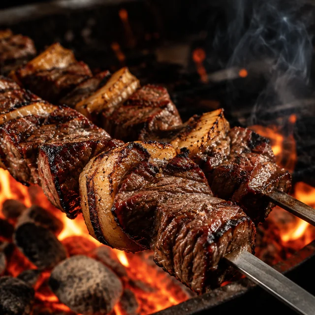 Beef skewers grilled to the right doneness