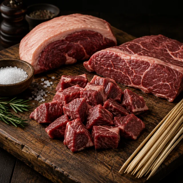 Raw beef cuts on a cutting board, ready for skewers