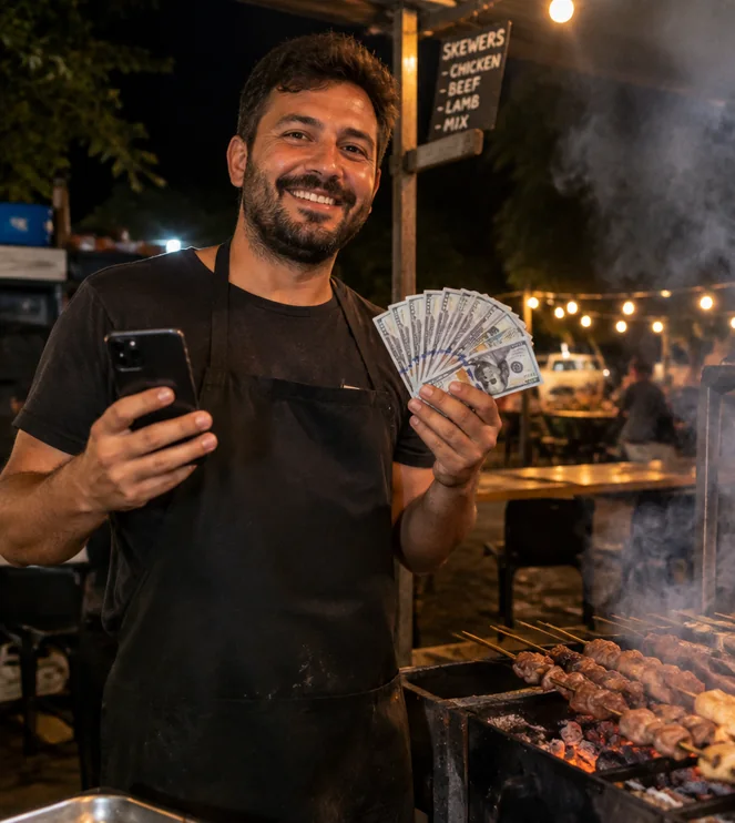 A vendor at a weekend skewer stand (illustrative photo)